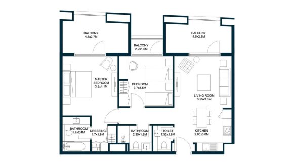Apartment floor plan, 2 bedrooms in TIRAZ No. 11007 (2D)